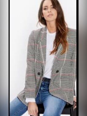 Anine Bing Madeline Black Grey Red Plaid Blazer Size L